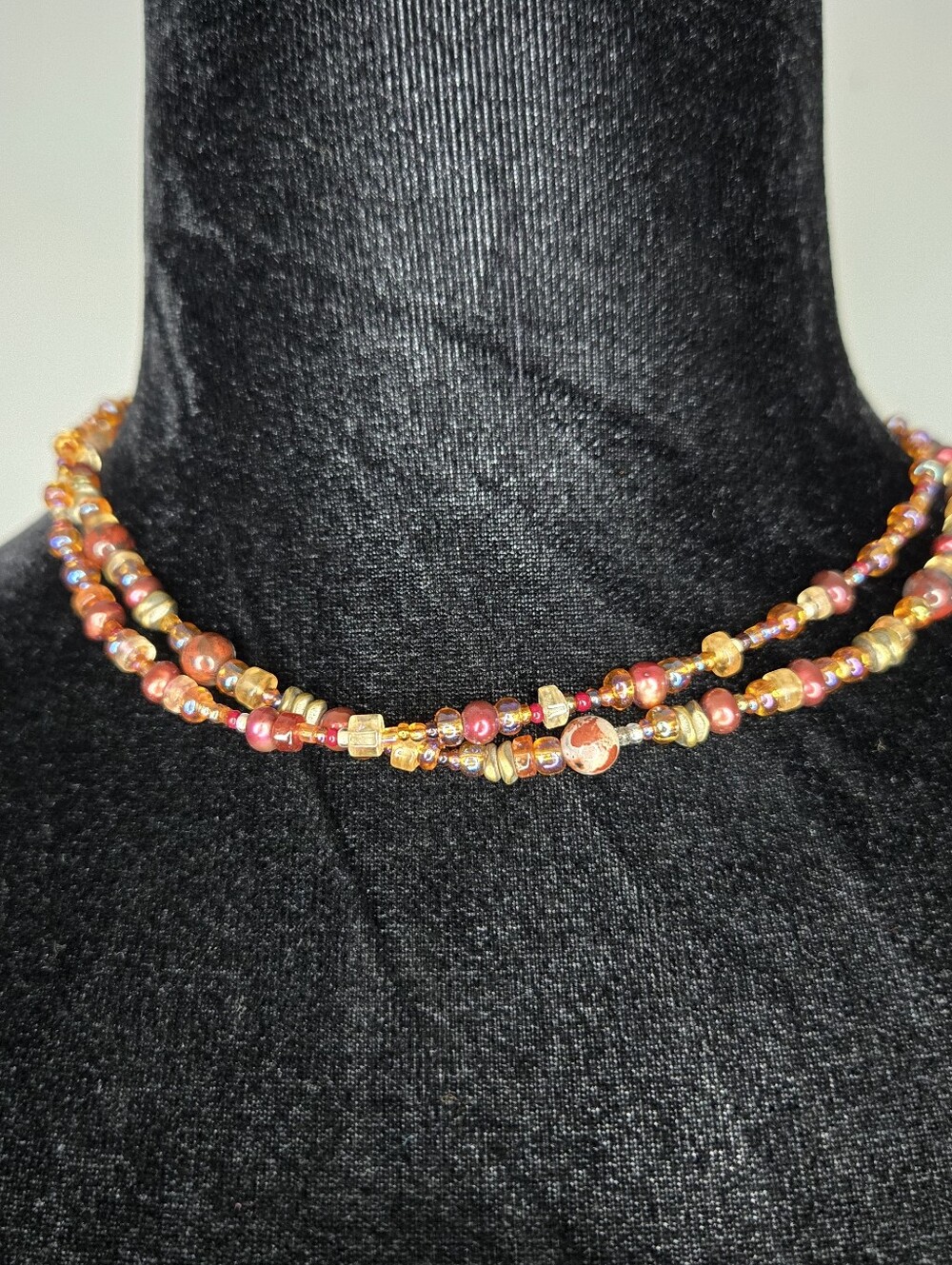 Autumn Colors Beaded Toggle Necklace Silvertone Amber Orange Brown Double Strand